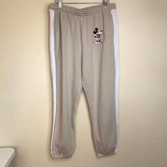 Disney Mickey Mouse Sweatpants Beige White Tuxedo Stripe Embroidered Pockets XL - Picture 12 of 12